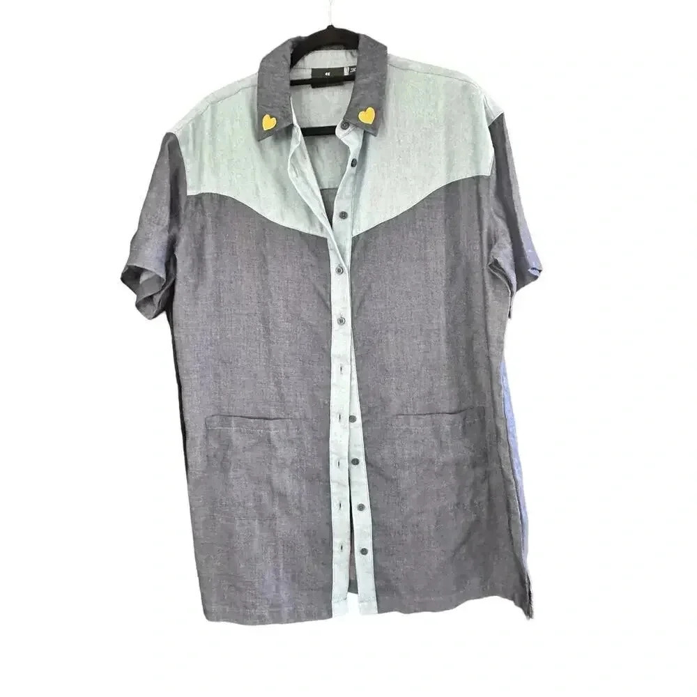 Lazy Day womens Blue Short Sleeves Button Front Collared Shirt Size M
